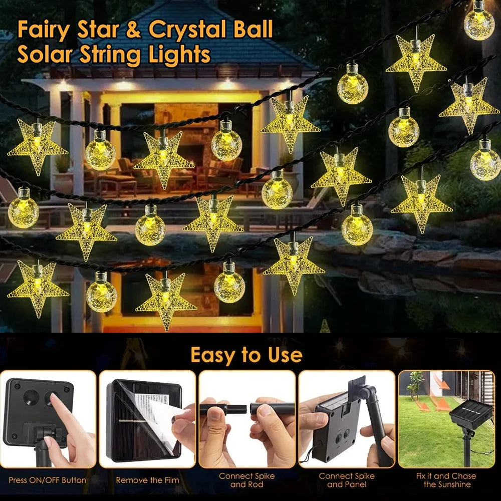 Solar Crystal Ball Star String Lights – Waterproof Outdoor Fairy Lights